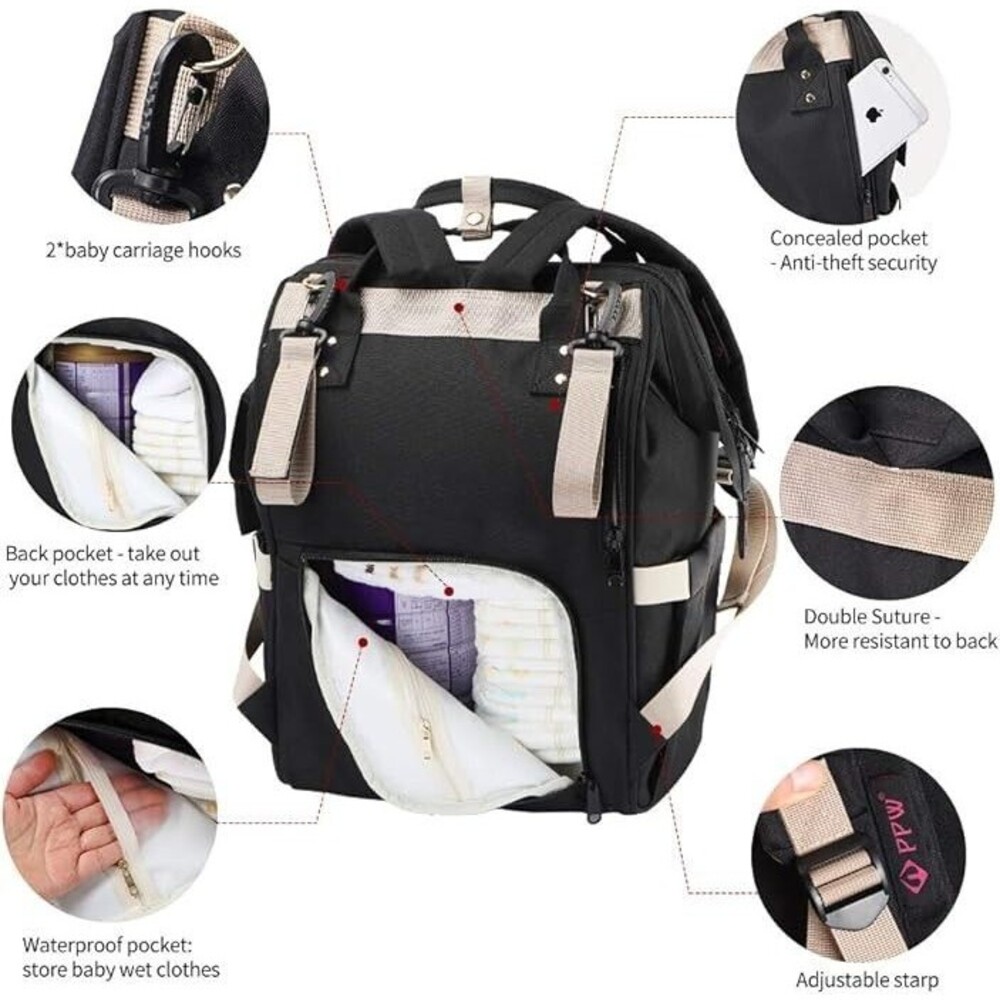 Mommy Diaper Bag Backpack Multifunctional Waterproof Big Capacity - Black - Picture 4 of 6